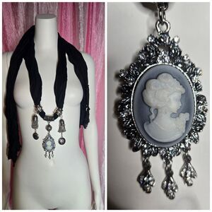 Pretty Angel Black Vintage Inspired Cameo Silvertone Long Neck Scarf NWT